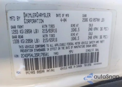 2005 Chrysler Town & Country Touring from USA, damaged, VIN 2C4GP54L35R179501